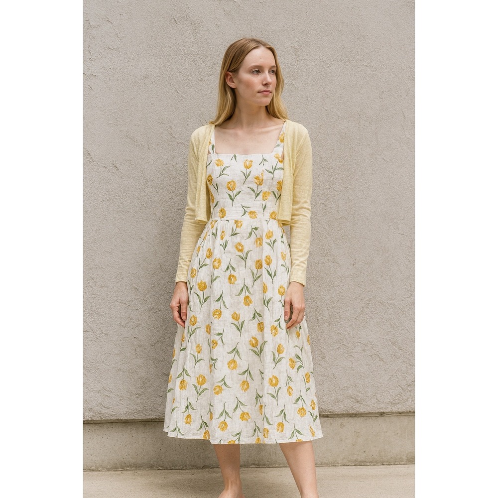 Floral Square-Neck Midi Dress in Yellow Tulip